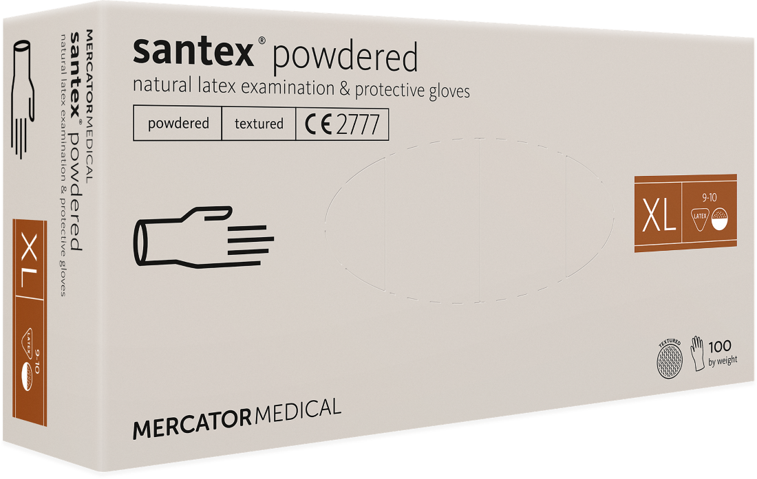 Рукавички латексні оглядові нестерильні припудрені Santex® Powdered, розмір XL, Mercator Medical
